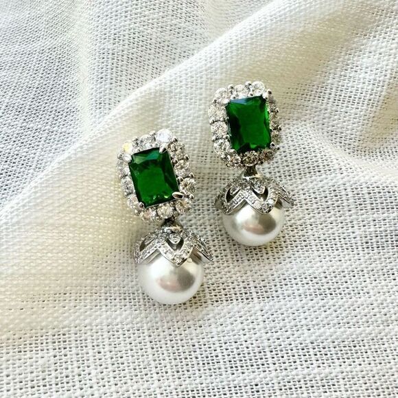 Elongated radiant cut emerald cubic zirconia dangle  pearl earrings - Picture 1 of 3